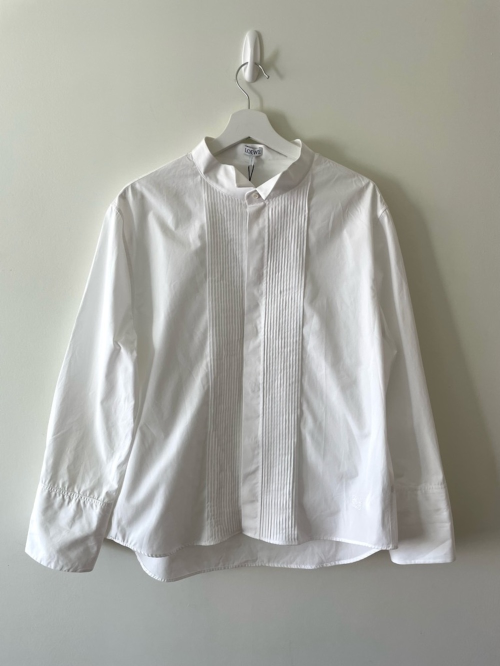 LOEWE Cropped White Pleated Front Band Collar Shirt Size 42